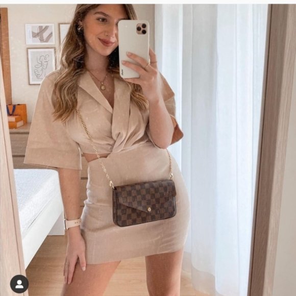 Zara Dresses & Skirts - Zara Linen Tan Short Sleeve Cut Out Mini Dress